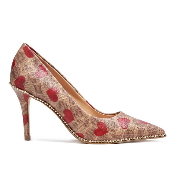 Coach Logo Monogram Waverly Pump Heels With Coated Canvas Heart Print - Picture 9 of 11